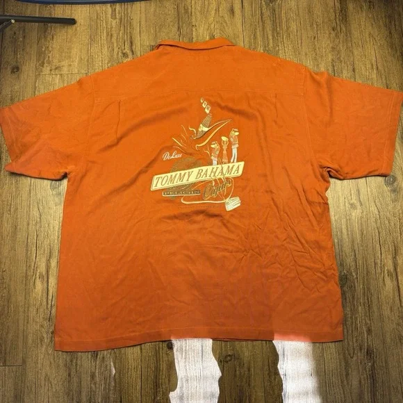Tommy Bahama Silk Camp Shirt Mens 2XL Orange Pelican Cigars Embroidered Loop - Picture 2 of 12
